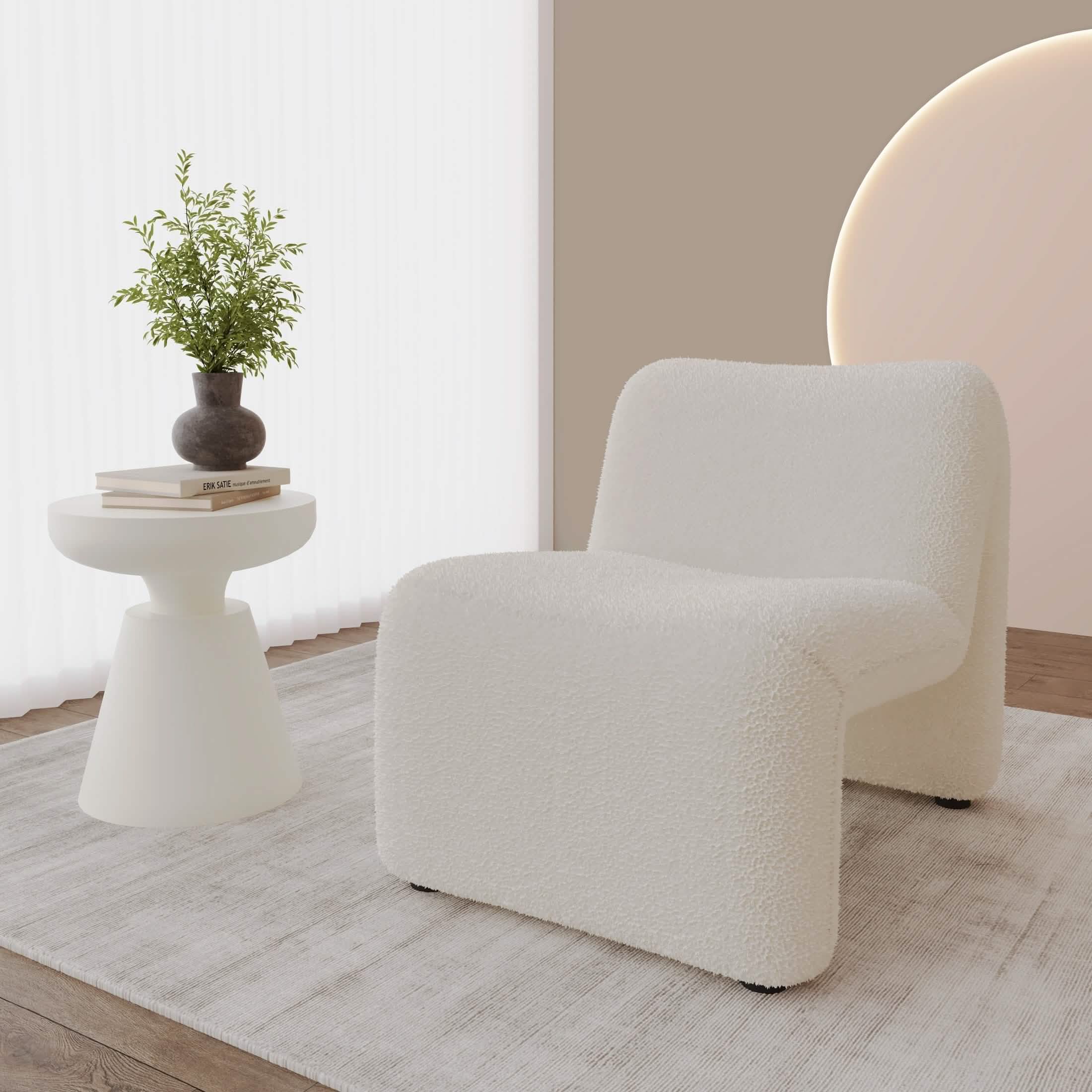 Klyx Accent Chair Upholstered in Boucle/Velvet Padded Seat and Back with Iron Frame White Boucle Chair Leisuremod