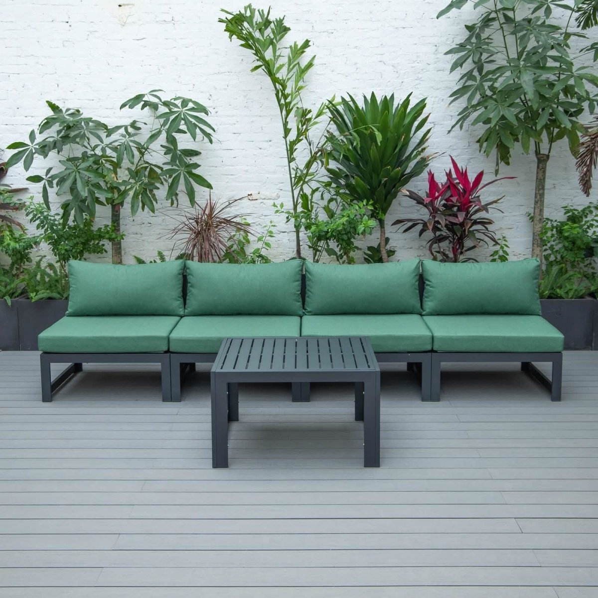 Chelsea 5-Piece Middle Patio Chairs and Coffee Table Set Black Aluminum With Cushions Leisuremod