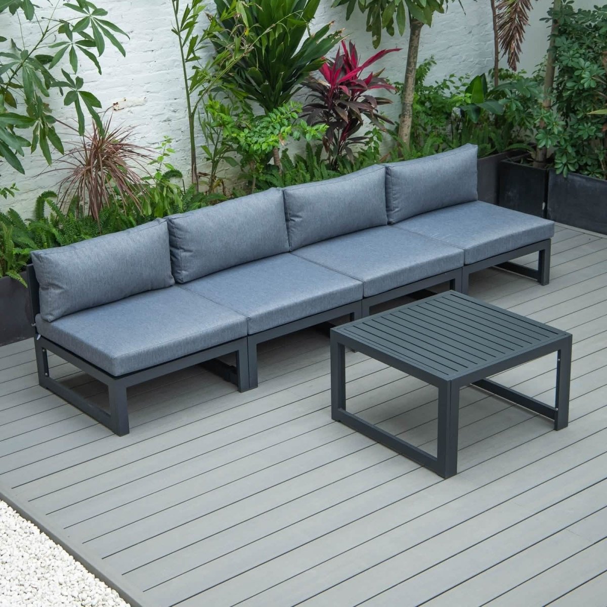 Chelsea 5-Piece Middle Patio Chairs and Coffee Table Set Black Aluminum With Cushions Leisuremod