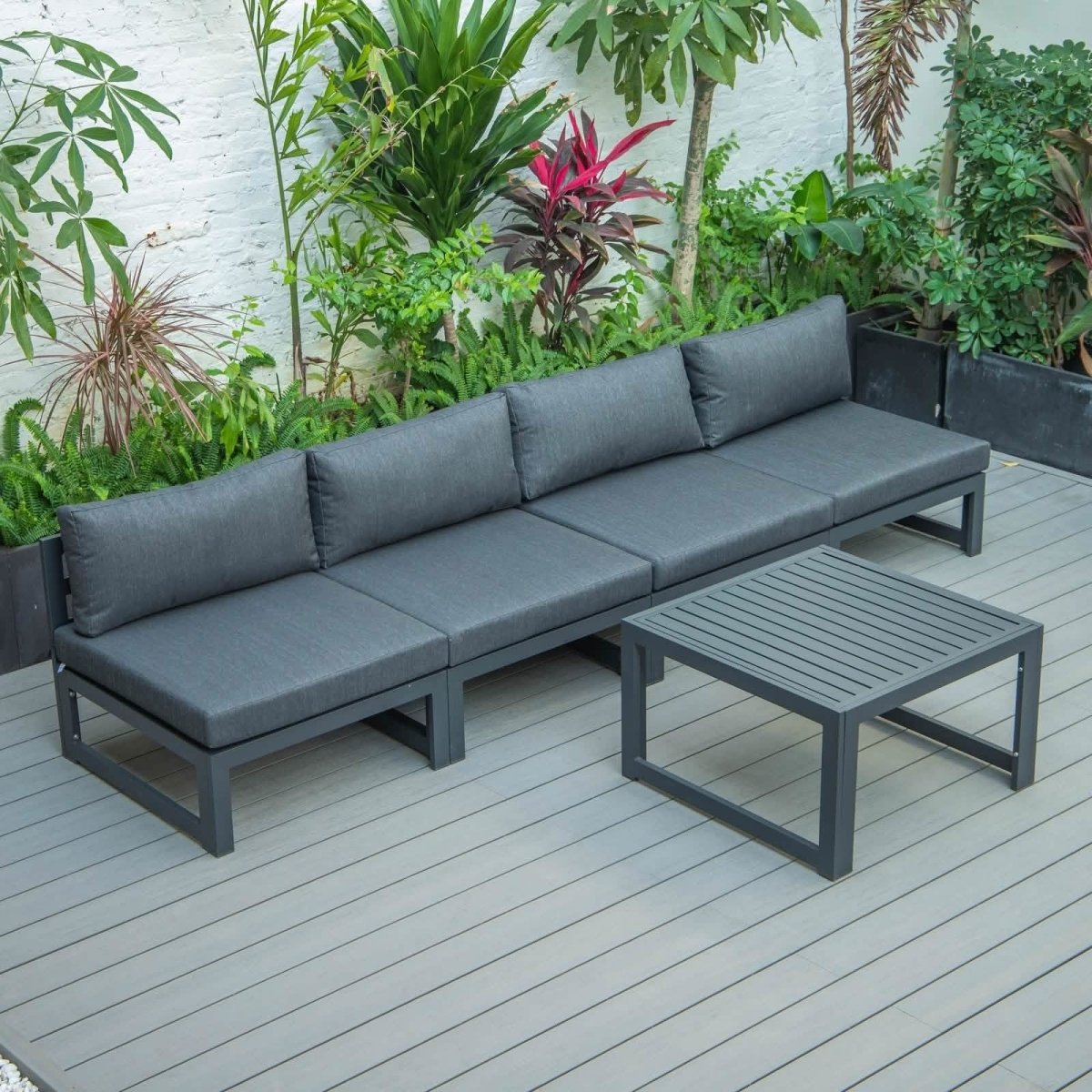 Chelsea 5-Piece Middle Patio Chairs and Coffee Table Set Black Aluminum With Cushions Leisuremod