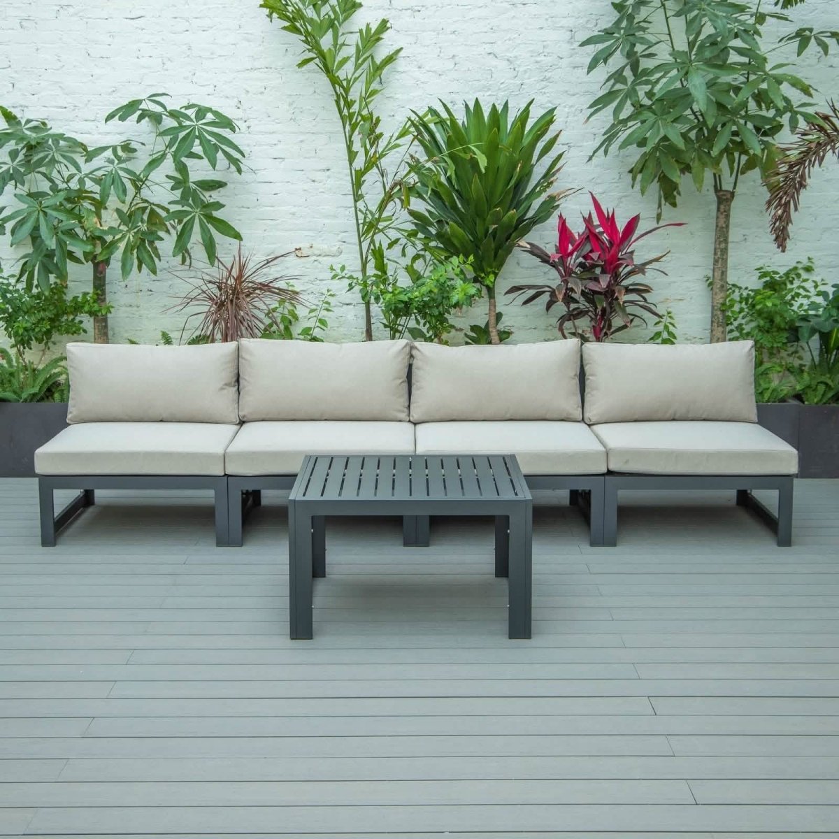 Chelsea 5-Piece Middle Patio Chairs and Coffee Table Set Black Aluminum With Cushions Leisuremod