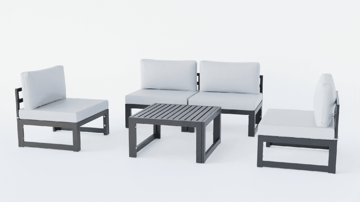 Chelsea 5-Piece Middle Patio Chairs and Coffee Table Set Black Aluminum With Cushions Leisuremod