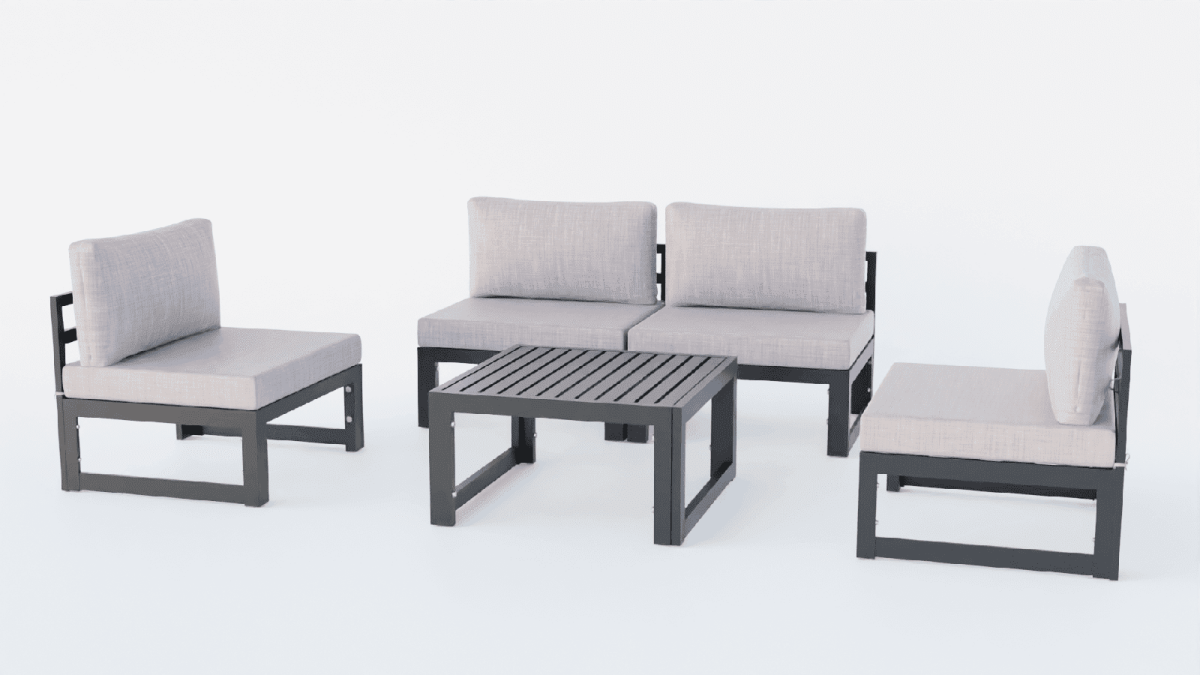 Chelsea 5-Piece Middle Patio Chairs and Coffee Table Set Black Aluminum With Cushions Leisuremod