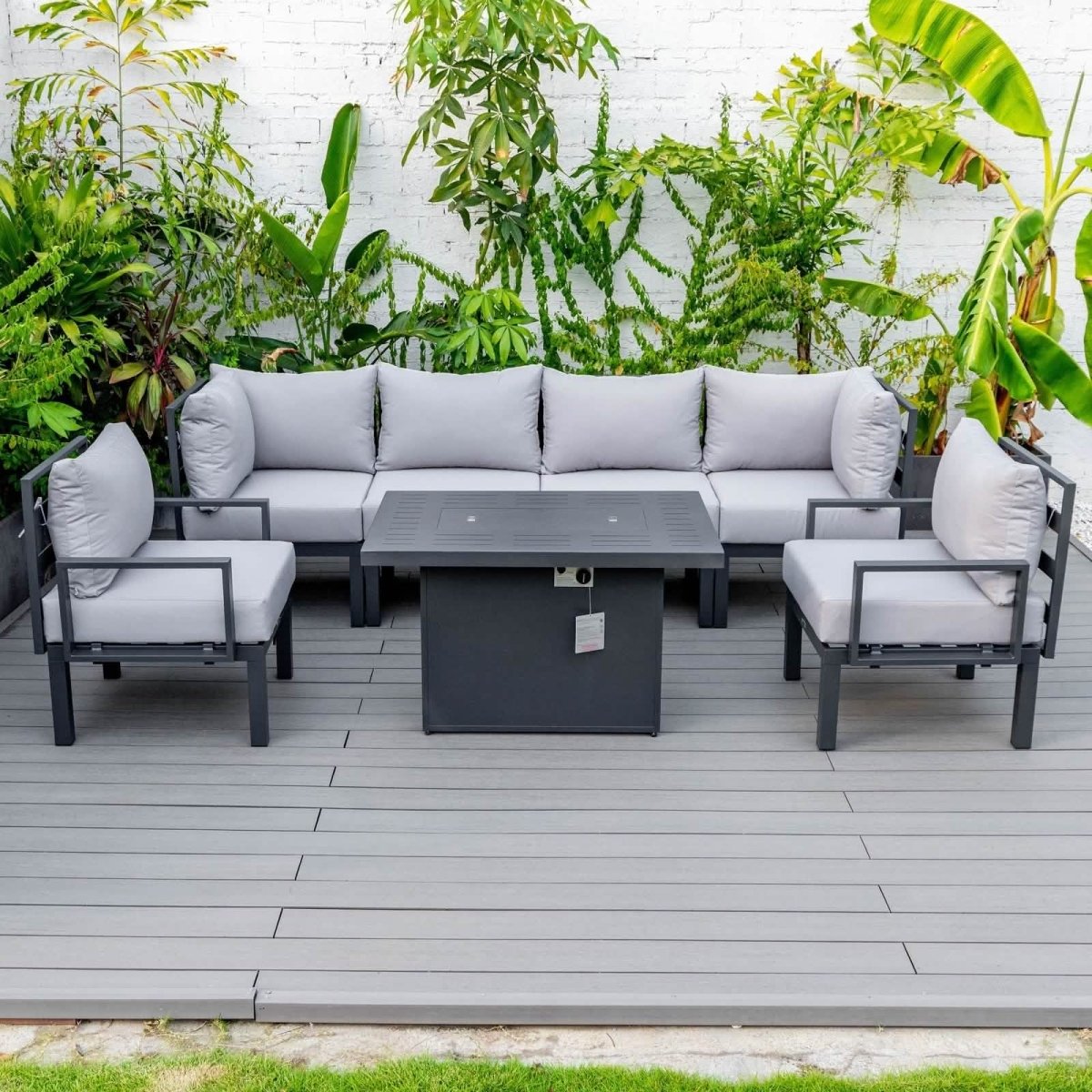 Chelsea 7-Piece Patio Sectional Set in Black Aluminum with Fire Pit Table Light Grey Leisuremod