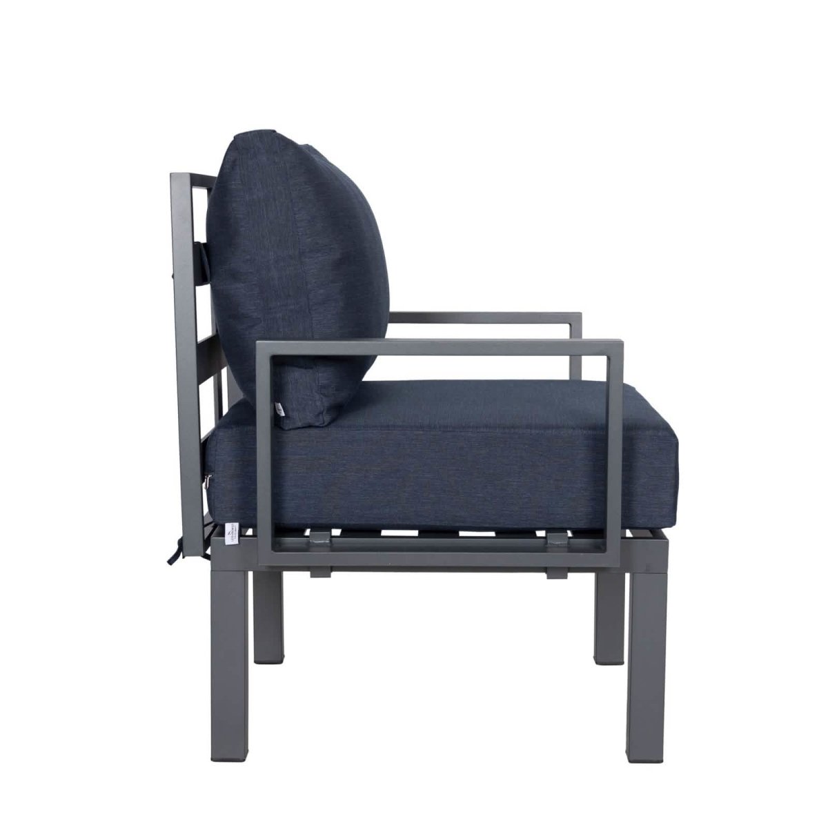 Chelsea 7-Piece Patio Sectional Set in Black Aluminum with Fire Pit Table Blue Leisuremod