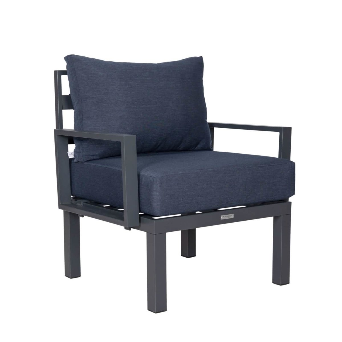 Chelsea 7-Piece Patio Sectional Set in Black Aluminum with Fire Pit Table Blue Leisuremod