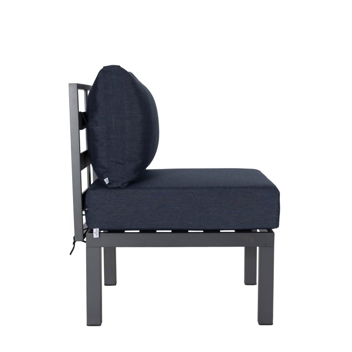 Chelsea 7-Piece Patio Sectional Set in Black Aluminum with Fire Pit Table Blue Leisuremod