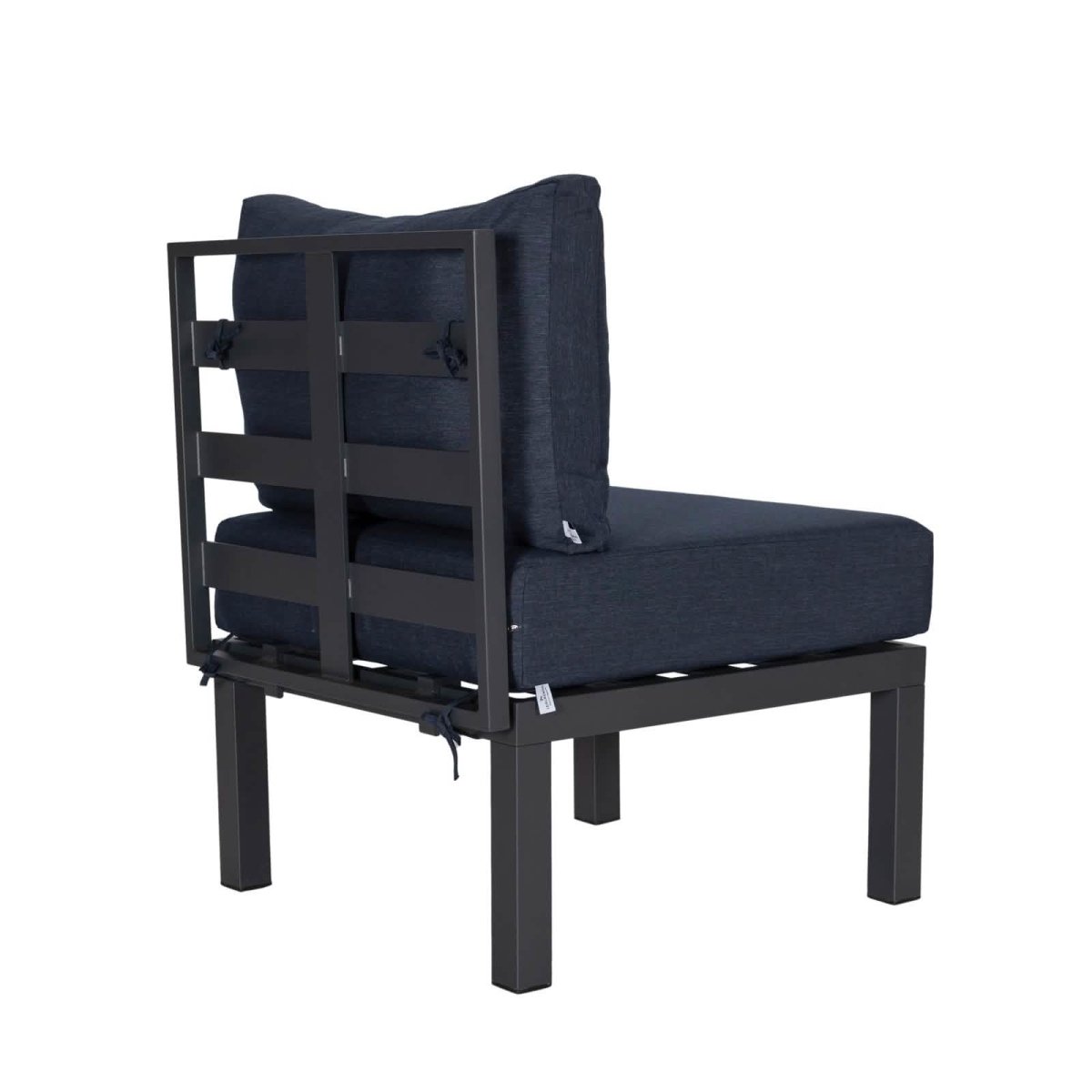 Chelsea 7-Piece Patio Sectional Set in Black Aluminum with Fire Pit Table Blue Leisuremod