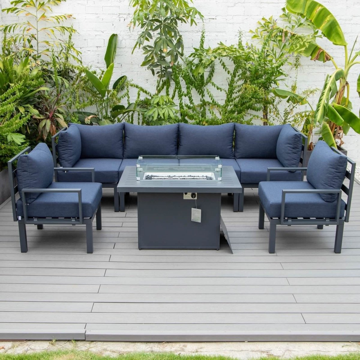Chelsea 7-Piece Patio Sectional Set in Black Aluminum with Fire Pit Table Blue Leisuremod