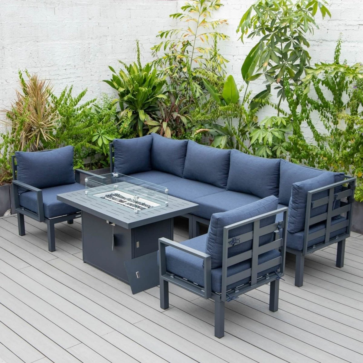 Chelsea 7-Piece Patio Sectional Set in Black Aluminum with Fire Pit Table Blue Leisuremod