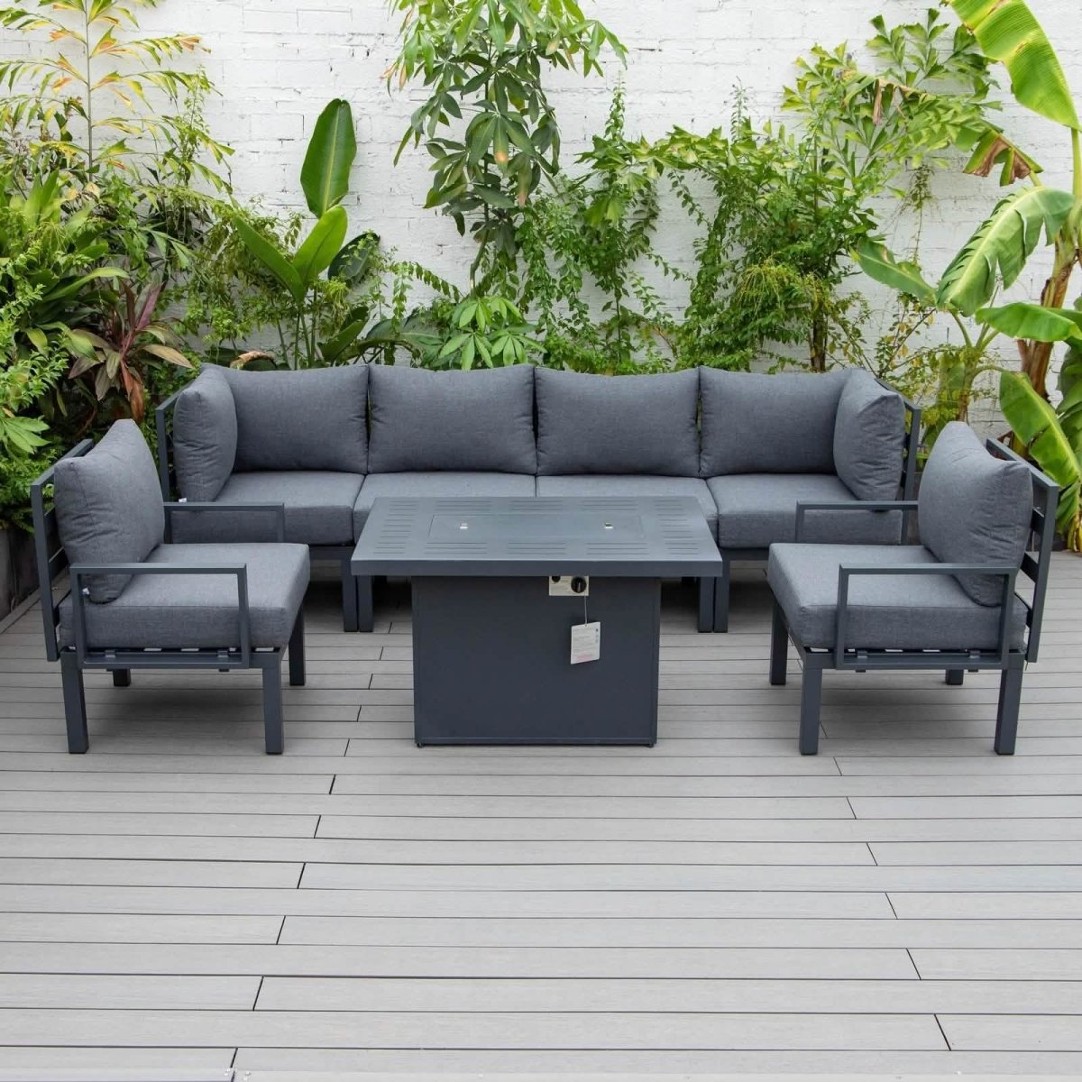 Chelsea 7-Piece Patio Sectional Set in Black Aluminum with Fire Pit Table Black Leisuremod