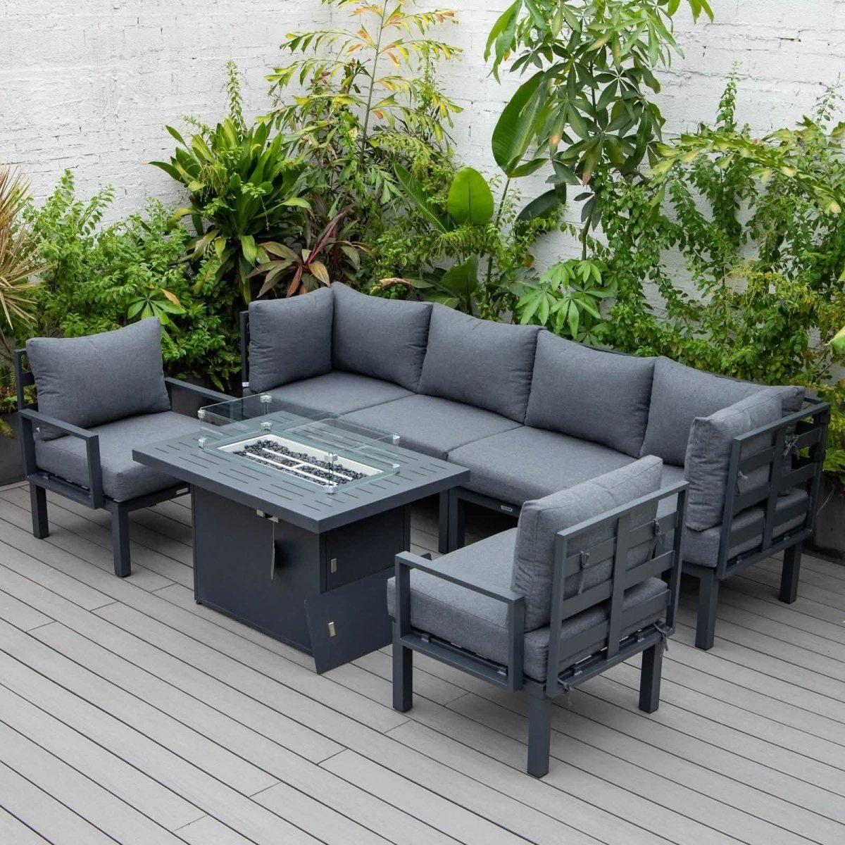Chelsea 7-Piece Patio Sectional Set in Black Aluminum with Fire Pit Table Black Leisuremod