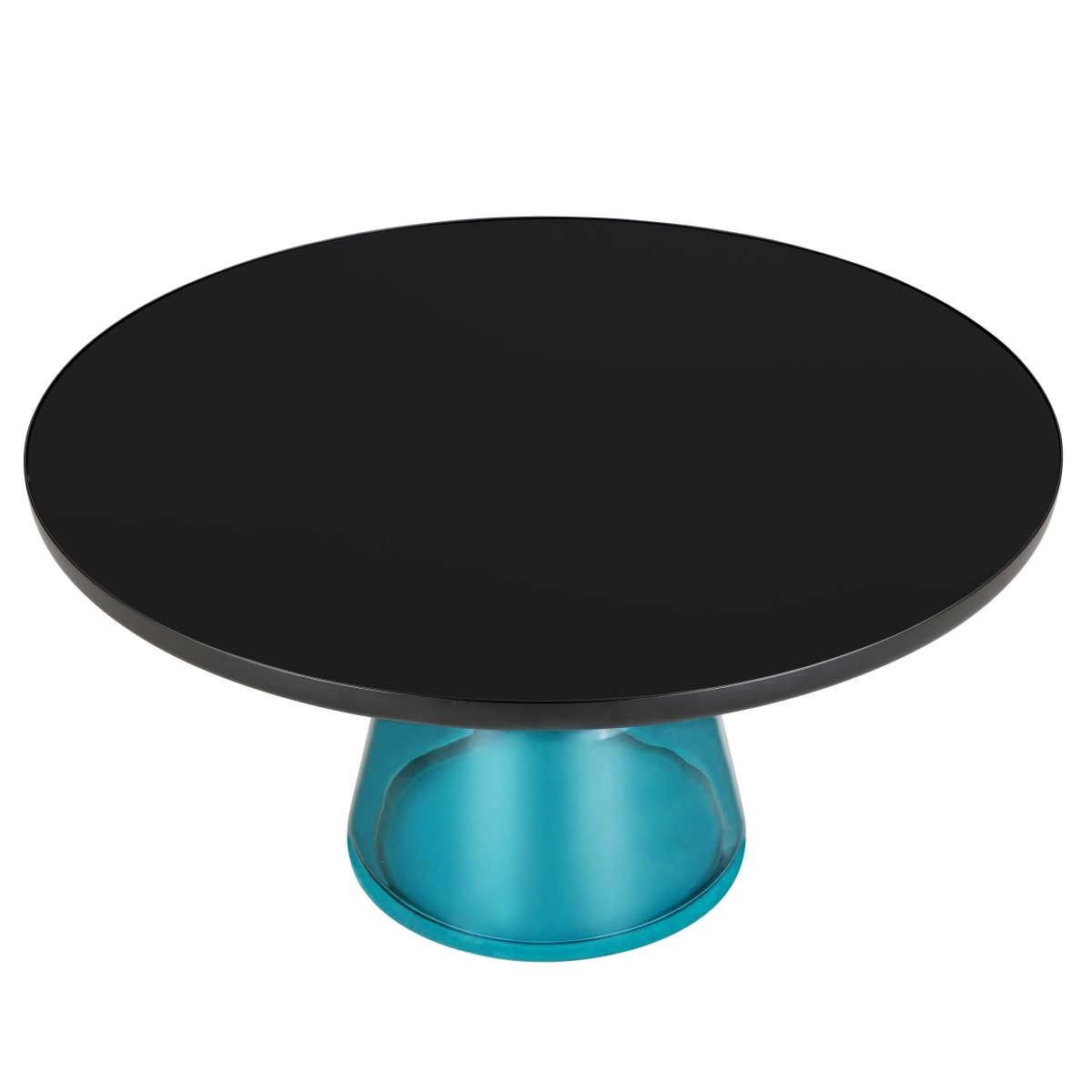 Tully 30-Inch Round Glass/Stone Coffee Table with Iron Rim Frame and Glass Base Glass Black Blue Black Glass Coffee Table Leisuremod