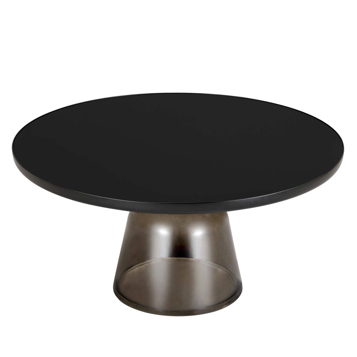 Tully 30-Inch Round Glass/Stone Coffee Table with Iron Rim Frame and Glass Base Glass Black Grey Black Glass Coffee Table Leisuremod