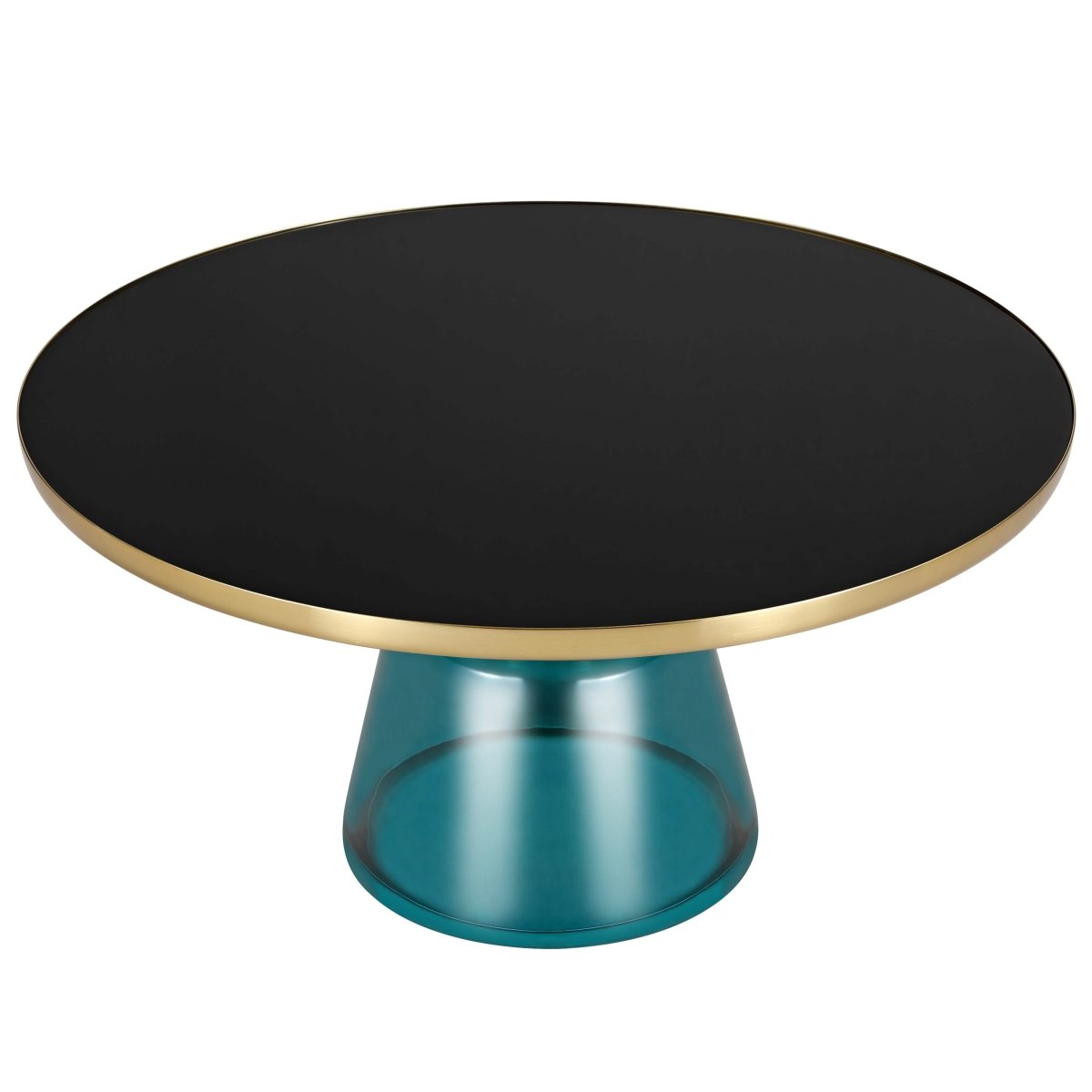 Tully 30-Inch Round Glass/Stone Coffee Table with Iron Rim Frame and Glass Base Glass Gold Blue Black Glass Coffee Table Leisuremod