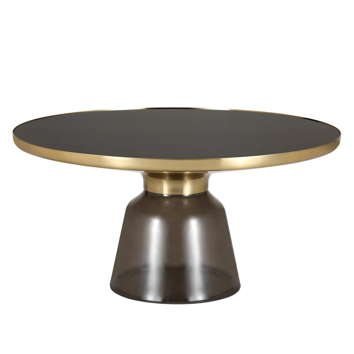 Tully 30-Inch Round Glass/Stone Coffee Table with Iron Rim Frame and Glass Base Glass Gold Grey Black Glass Coffee Table Leisuremod