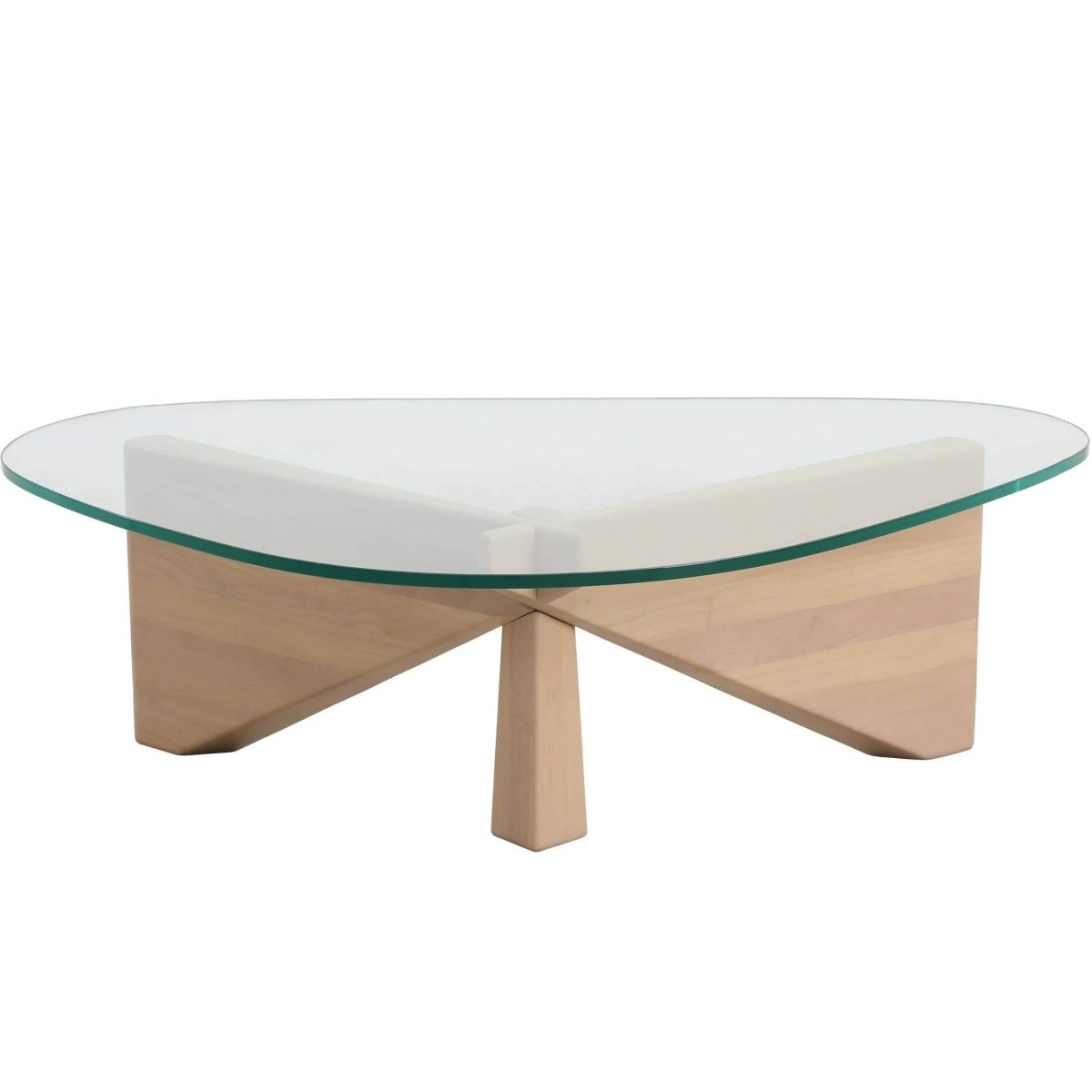 Imperial Triangular Coffee Table with a Glass Tabletop and Wood Base Natural Wood Coffee Table Leisuremod