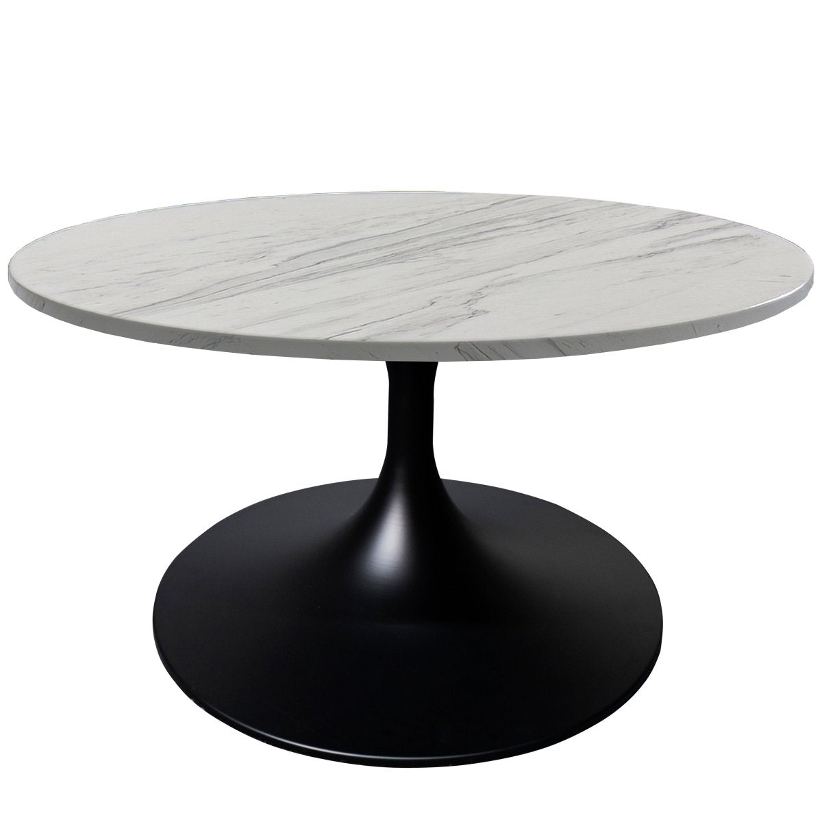 Leisuremod Coffee Table Resin / 27 Inches Wide / White Marble Verve Round Coffee Table with MDF/Resin/Sintered Stone Tabletop and Black Stainless Steel Base