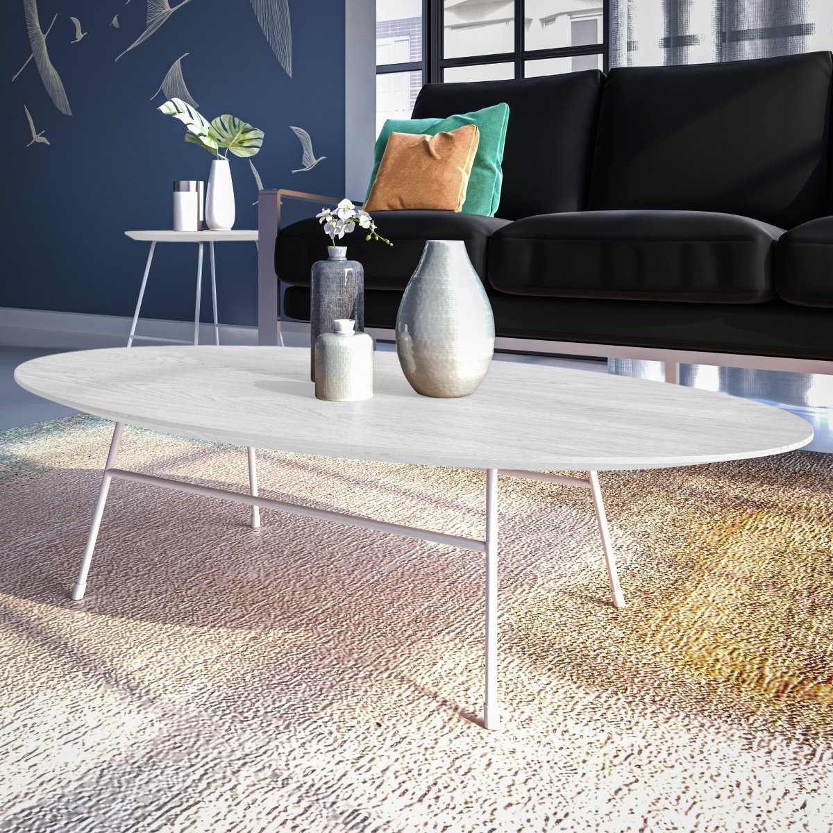 Leisuremod Coffee Table Rossmore Oval Coffee Table with MDF Wood Tabletop in Black/White Steel Frame