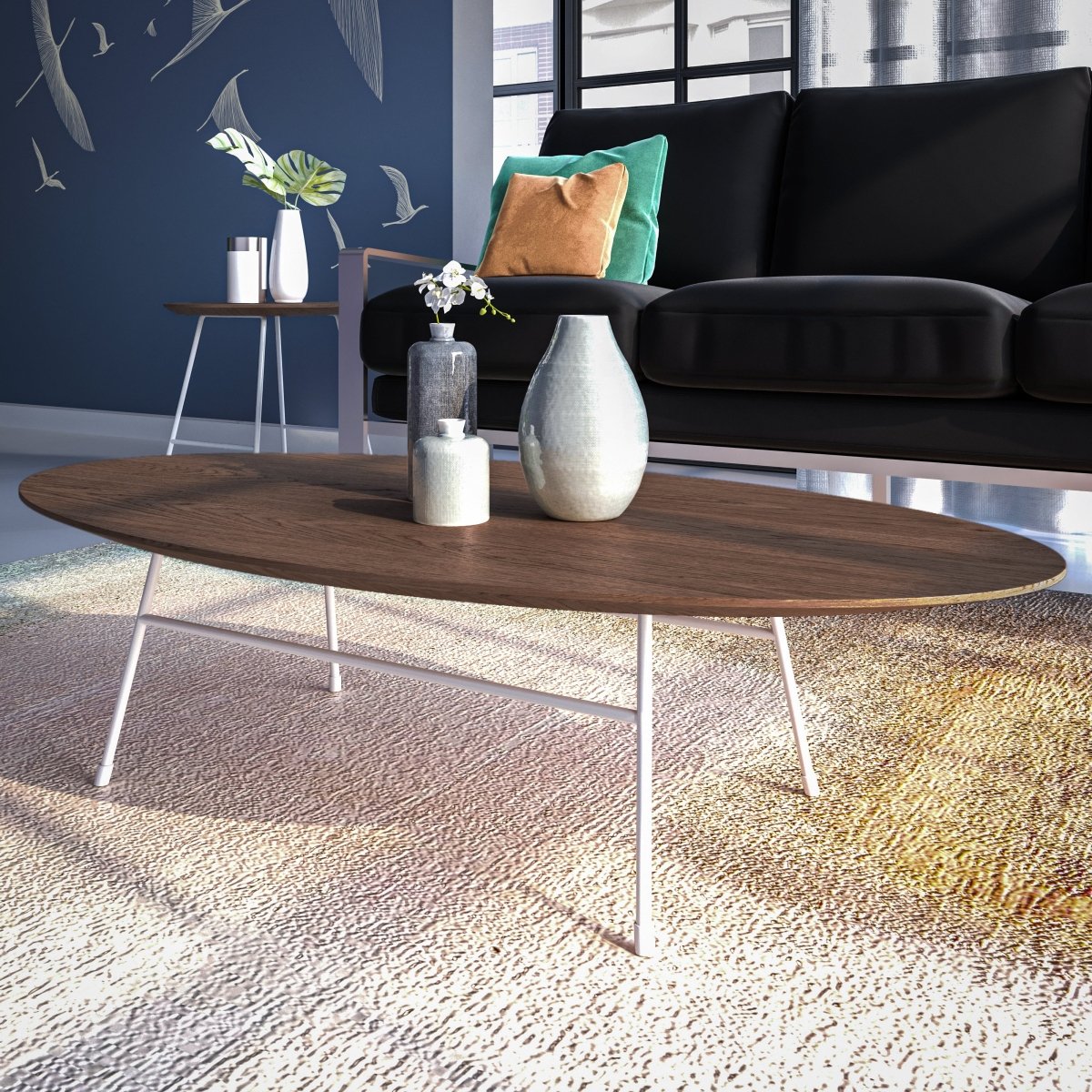 Leisuremod Coffee Table Rossmore Oval Coffee Table with MDF Wood Tabletop in Black/White Steel Frame