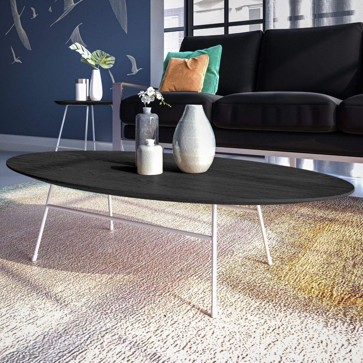 Leisuremod Coffee Table Rossmore Oval Coffee Table with MDF Wood Tabletop in Black/White Steel Frame