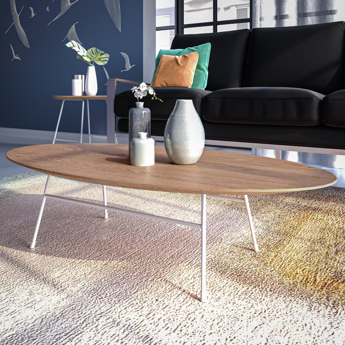 Leisuremod Coffee Table Rossmore Oval Coffee Table with MDF Wood Tabletop in Black/White Steel Frame