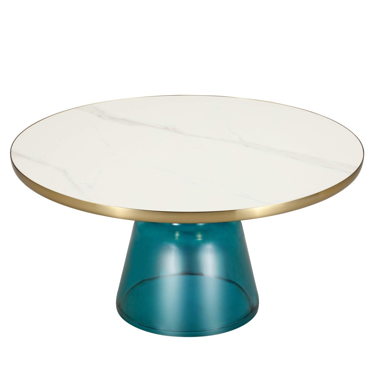 Tully 30-Inch Round Glass/Stone Coffee Table with Iron Rim Frame and Glass Base Stone Gold Blue White Stone Coffee Table Leisuremod
