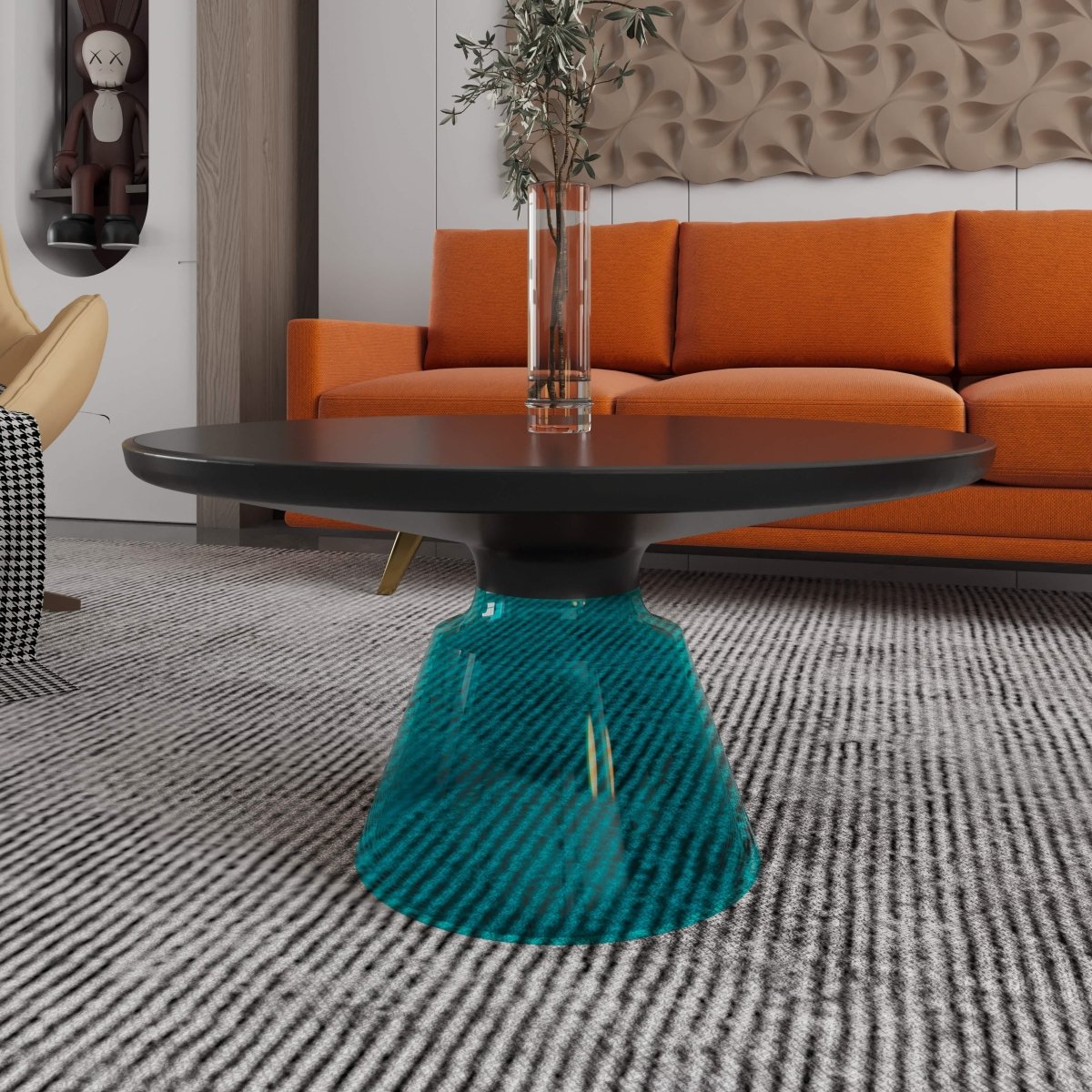 Tully 30-Inch Round Glass/Stone Coffee Table with Iron Rim Frame and Glass Base Glass Black Blue Black Glass Coffee Table Leisuremod