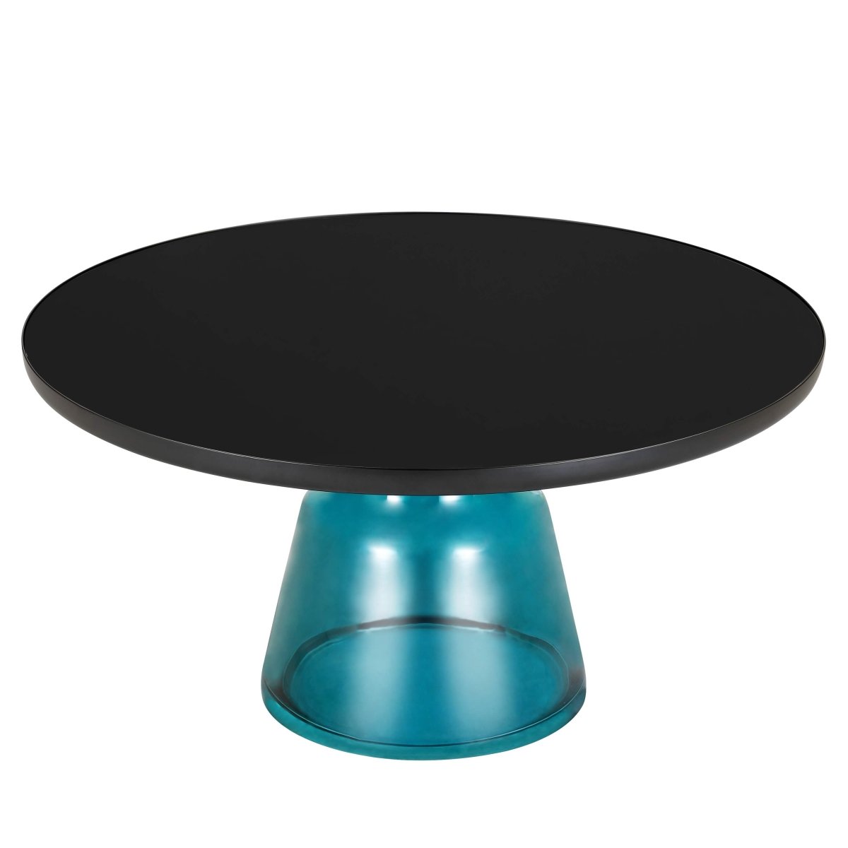 Tully 30-Inch Round Glass/Stone Coffee Table with Iron Rim Frame and Glass Base Glass Black Blue Black Glass Coffee Table Leisuremod