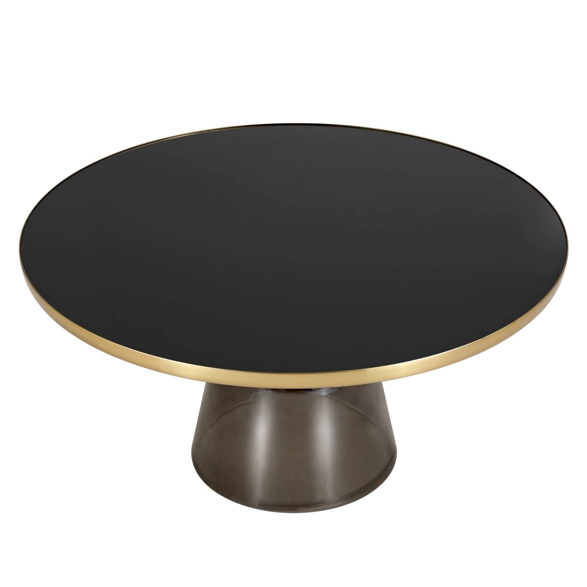Tully 30-Inch Round Glass/Stone Coffee Table with Iron Rim Frame and Glass Base Glass Gold Grey Black Glass Coffee Table Leisuremod