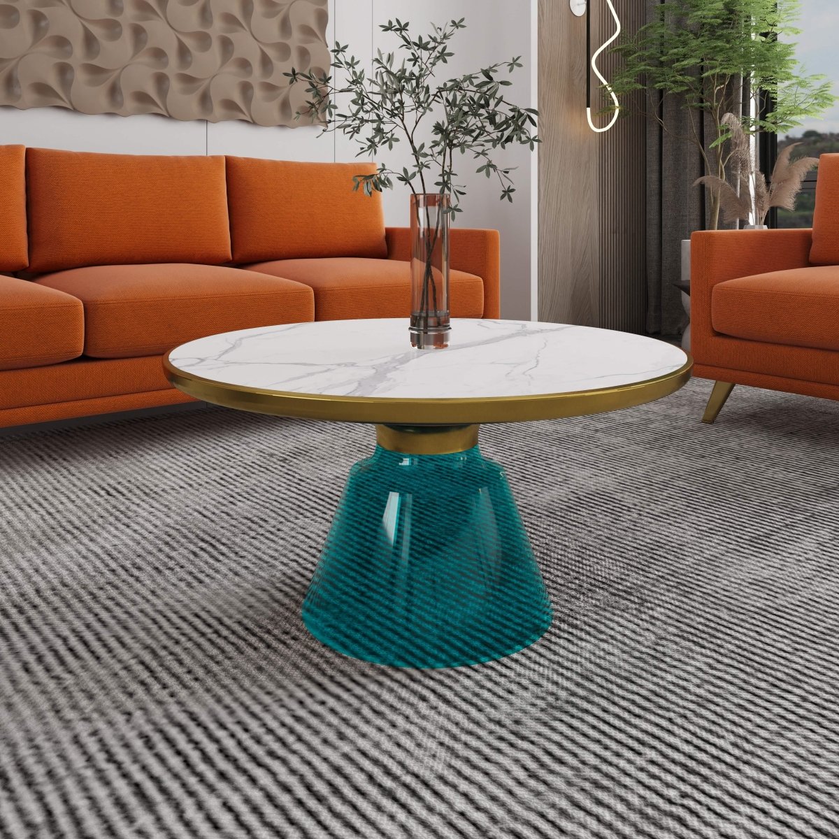 Tully 30-Inch Round Glass/Stone Coffee Table with Iron Rim Frame and Glass Base Stone Gold Blue White Stone Coffee Table Leisuremod