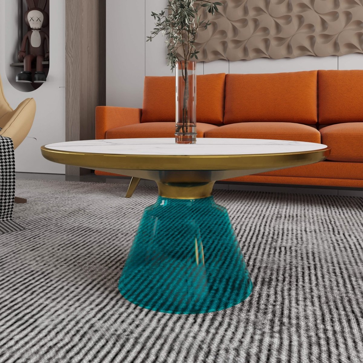 Tully 30-Inch Round Glass/Stone Coffee Table with Iron Rim Frame and Glass Base Stone Gold Blue White Stone Coffee Table Leisuremod