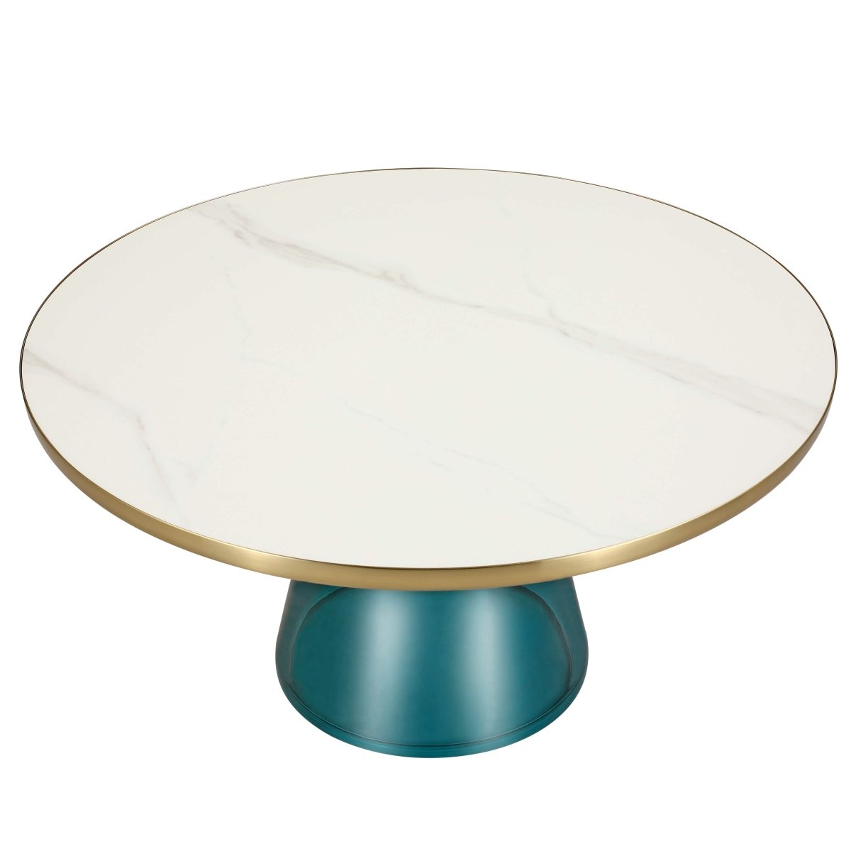 Tully 30-Inch Round Glass/Stone Coffee Table with Iron Rim Frame and Glass Base Stone Gold Blue White Stone Coffee Table Leisuremod