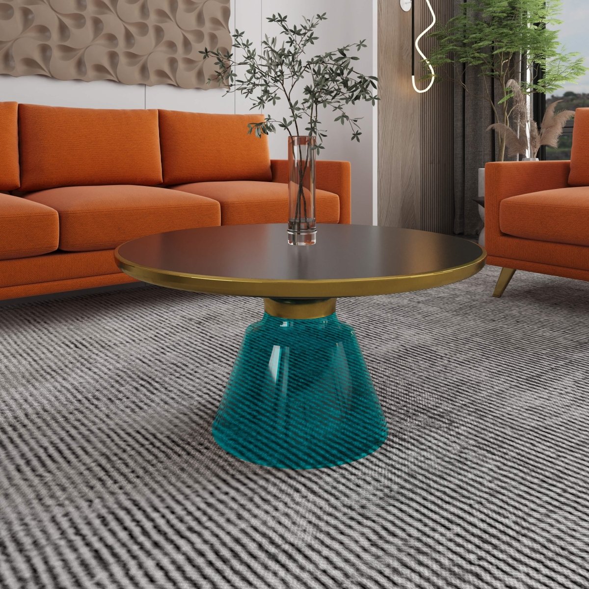 Tully 30-Inch Round Glass/Stone Coffee Table with Iron Rim Frame and Glass Base Glass Gold Blue Black Glass Coffee Table Leisuremod