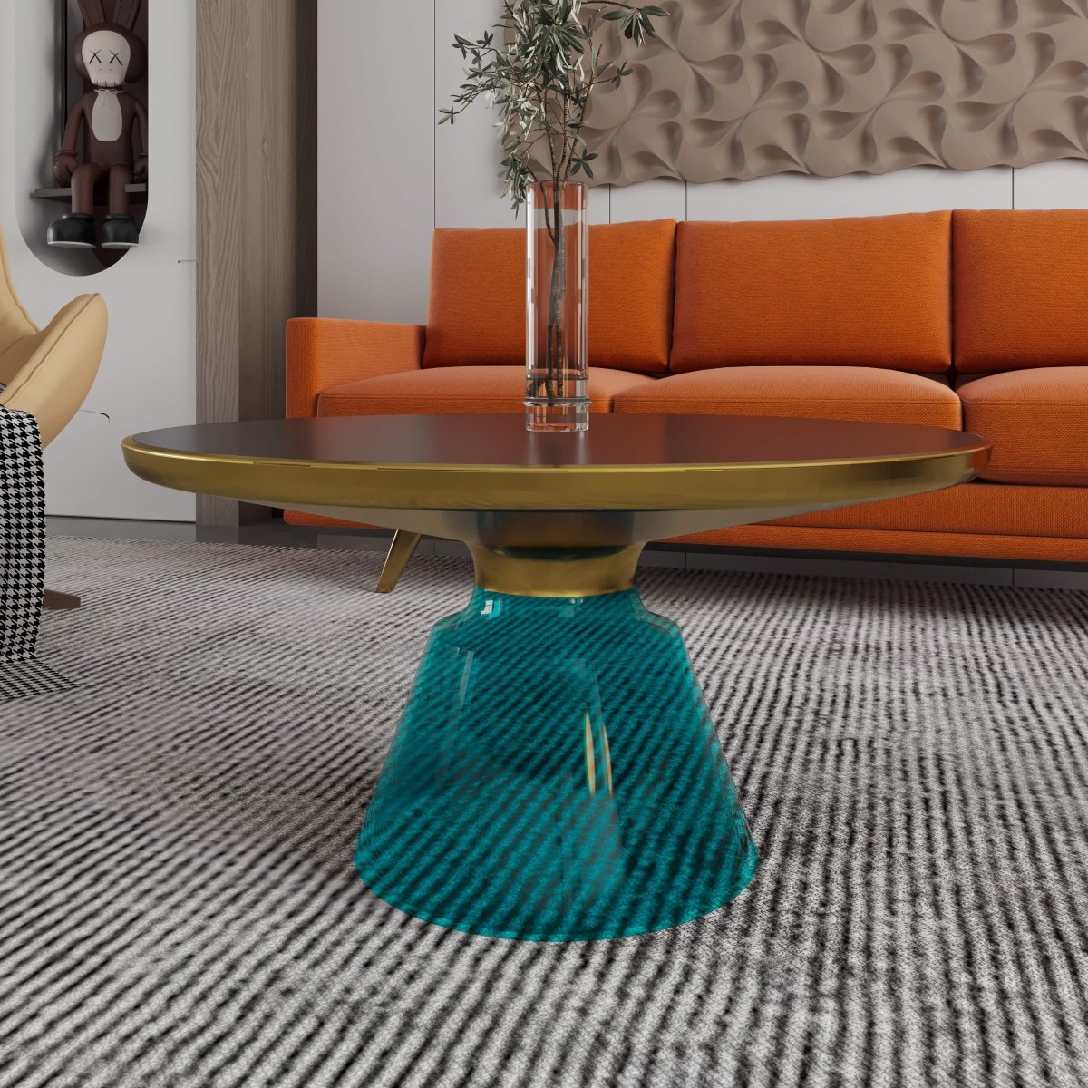 Tully 30-Inch Round Glass/Stone Coffee Table with Iron Rim Frame and Glass Base Glass Gold Blue Black Glass Coffee Table Leisuremod