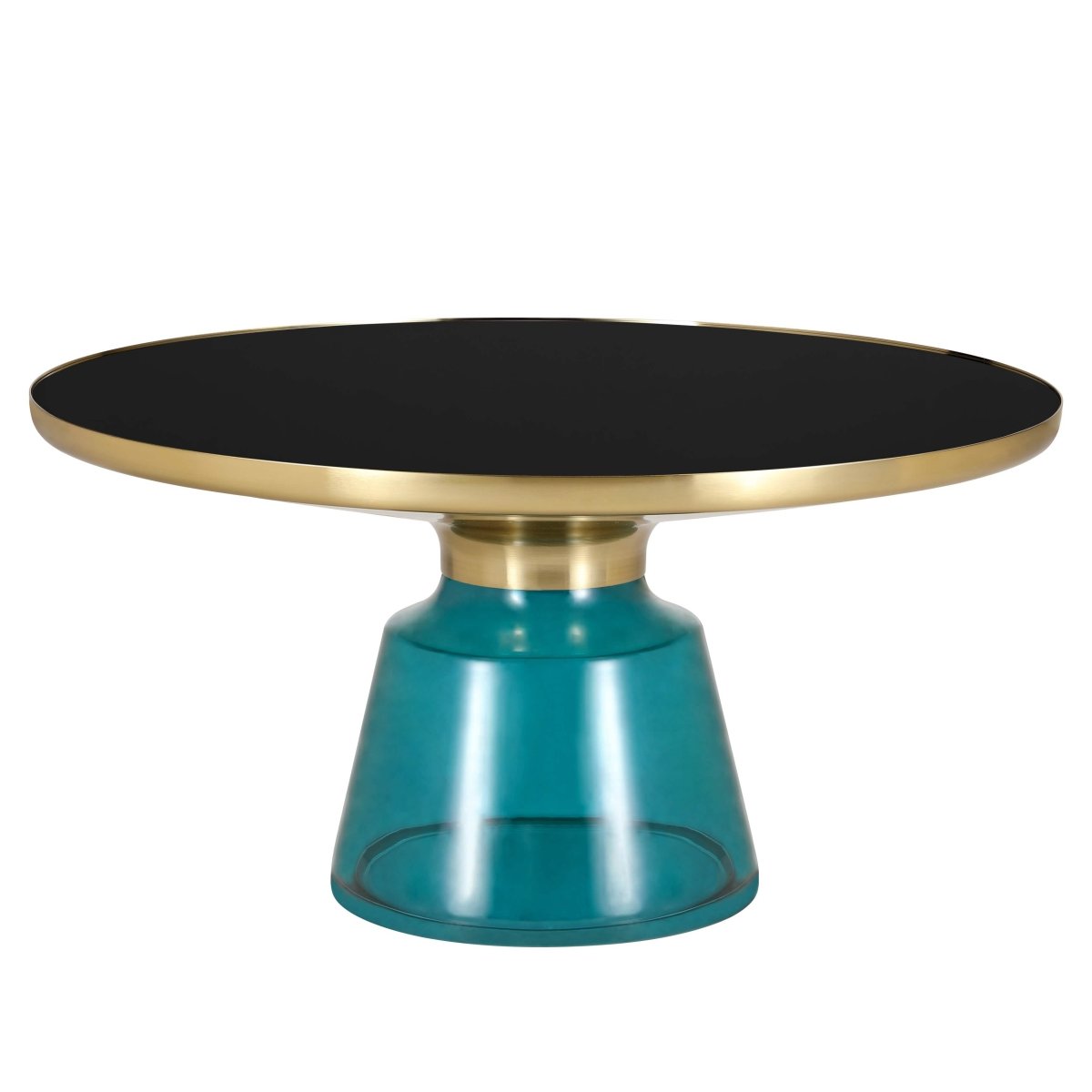 Tully 30-Inch Round Glass/Stone Coffee Table with Iron Rim Frame and Glass Base Glass Gold Blue Black Glass Coffee Table Leisuremod