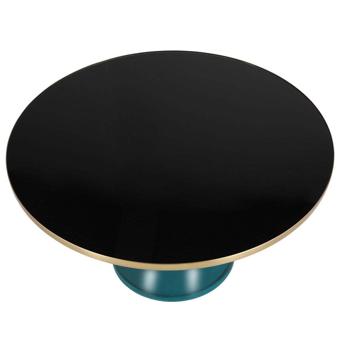 Tully 30-Inch Round Glass/Stone Coffee Table with Iron Rim Frame and Glass Base Glass Gold Blue Black Glass Coffee Table Leisuremod