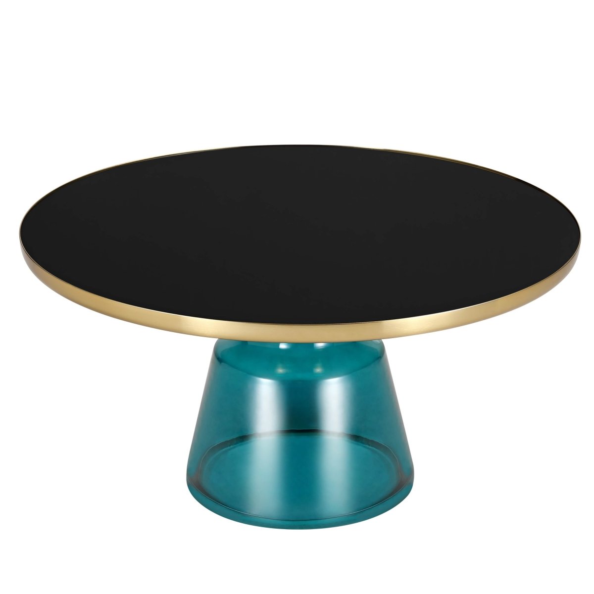 Tully 30-Inch Round Glass/Stone Coffee Table with Iron Rim Frame and Glass Base Glass Gold Blue Black Glass Coffee Table Leisuremod