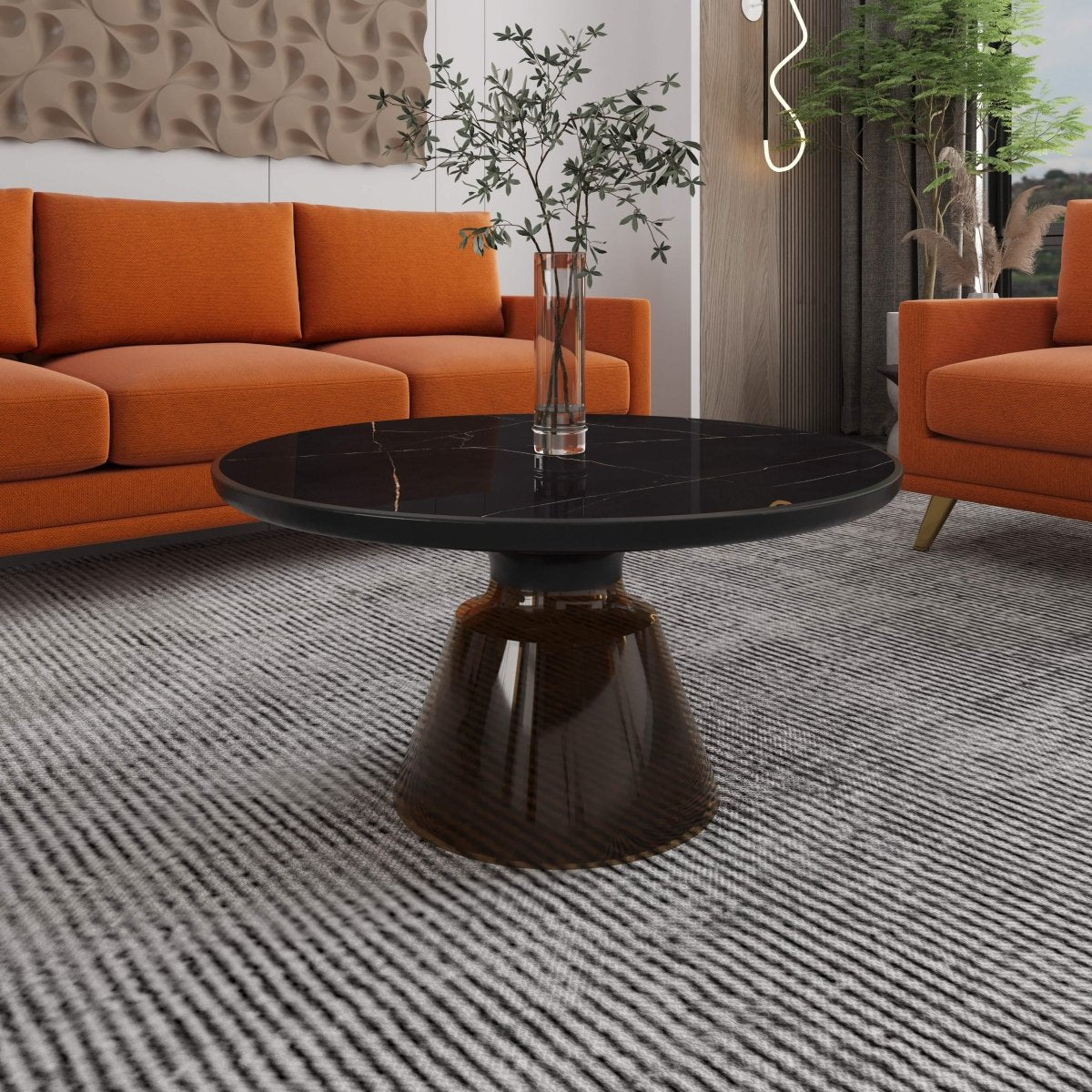 Tully 30-Inch Round Glass/Stone Coffee Table with Iron Rim Frame and Glass Base Stone Black Grey Black Stone Coffee Table Leisuremod