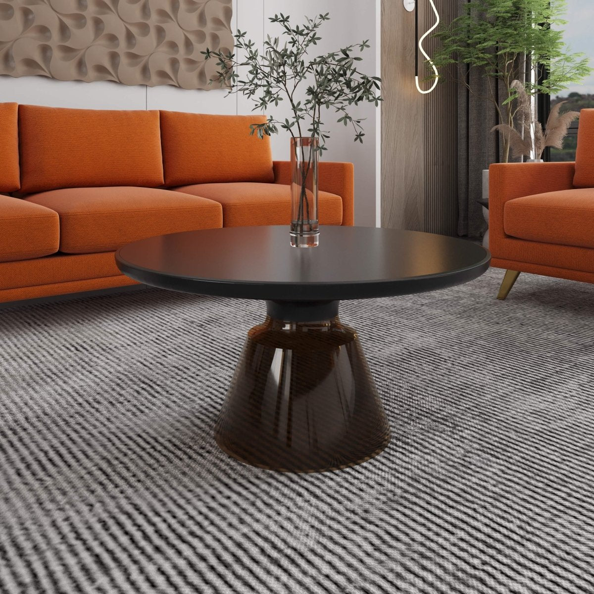 Tully 30-Inch Round Glass/Stone Coffee Table with Iron Rim Frame and Glass Base Glass Black Grey Black Glass Coffee Table Leisuremod