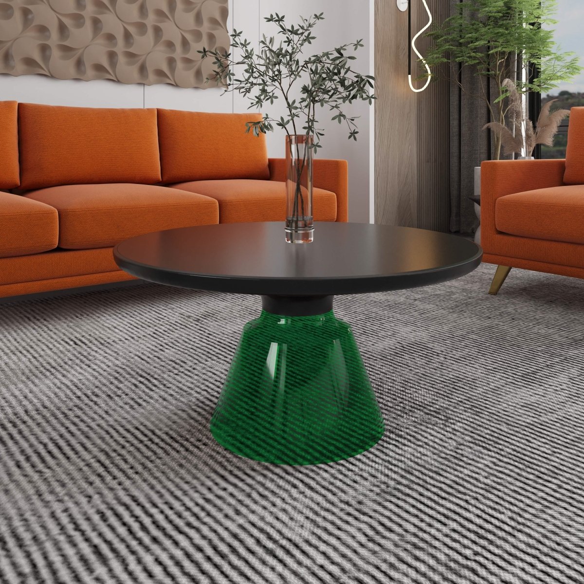 Tully 30-Inch Round Glass/Stone Coffee Table with Iron Rim Frame and Glass Base Glass Black Blue Black Glass Coffee Table Leisuremod