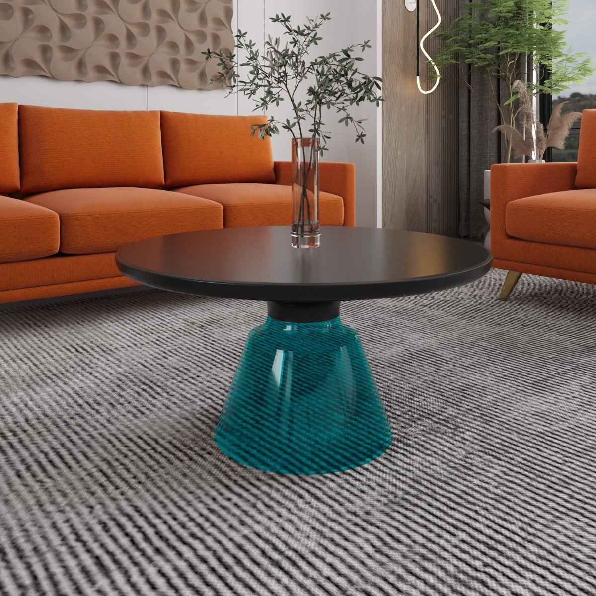 Tully 30-Inch Round Glass/Stone Coffee Table with Iron Rim Frame and Glass Base Glass Black Blue Black Glass Coffee Table Leisuremod