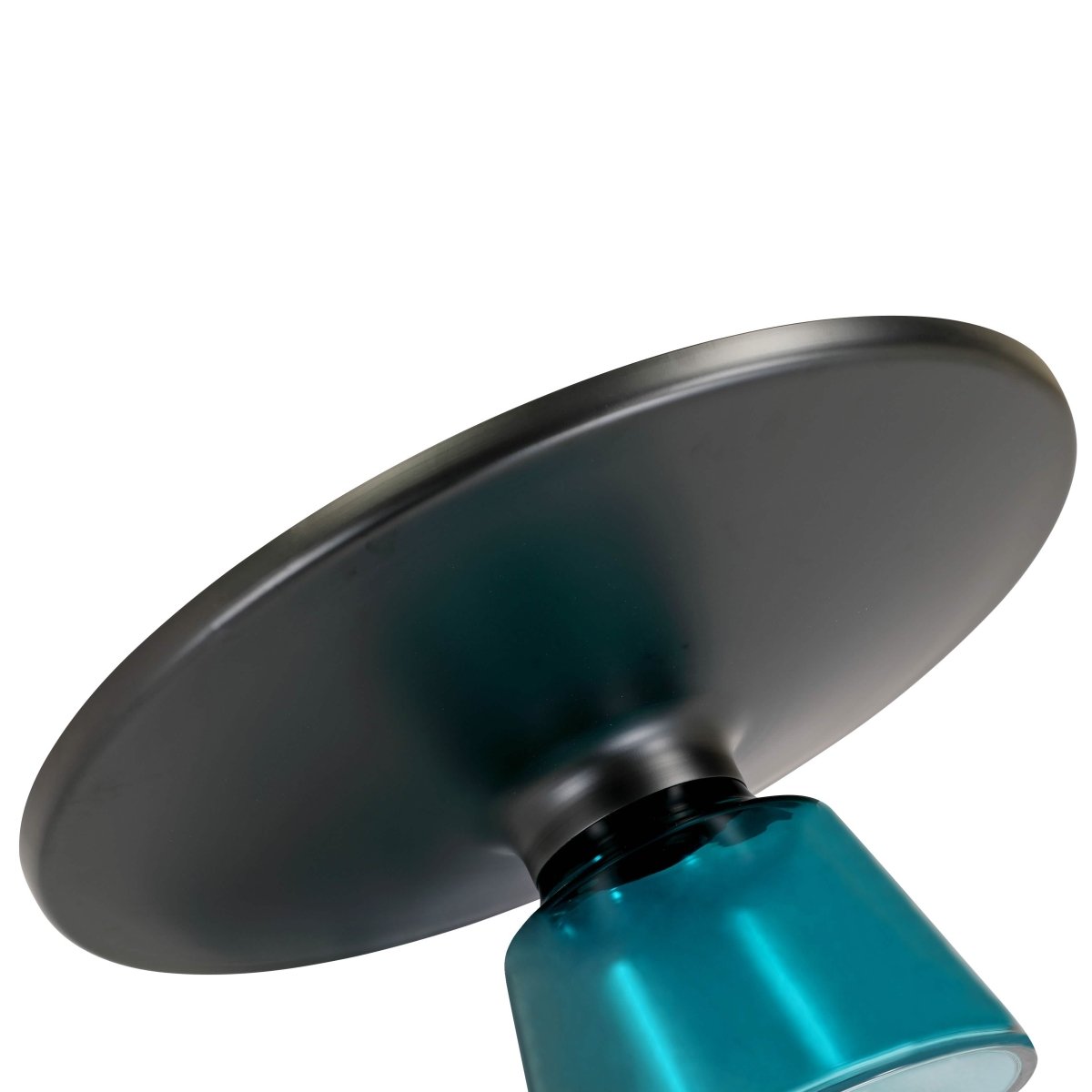 Tully 30-Inch Round Glass/Stone Coffee Table with Iron Rim Frame and Glass Base Glass Black Blue Black Glass Coffee Table Leisuremod