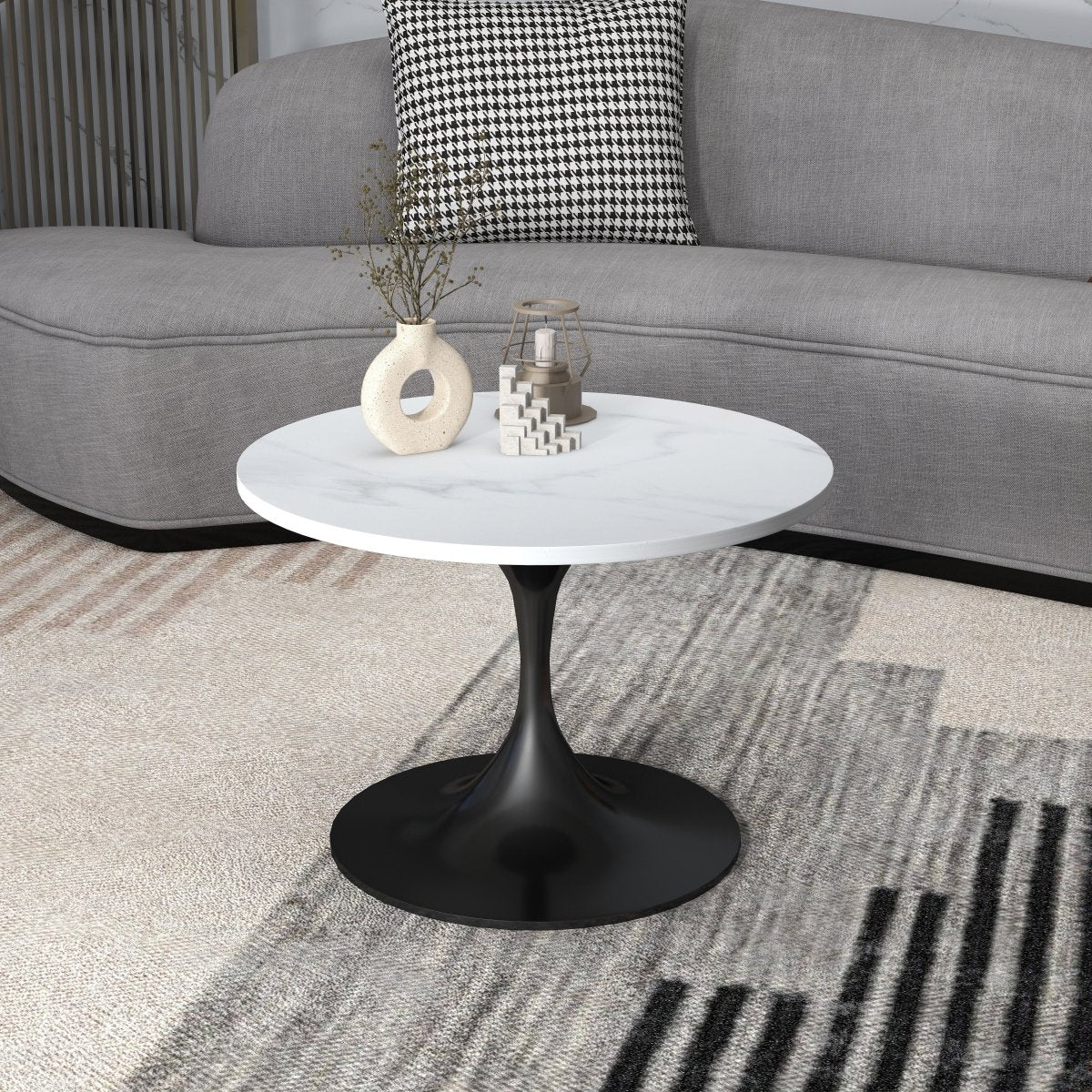 Leisuremod Coffee Table Verve Round Coffee Table with MDF/Resin/Sintered Stone Tabletop and Black Stainless Steel Base