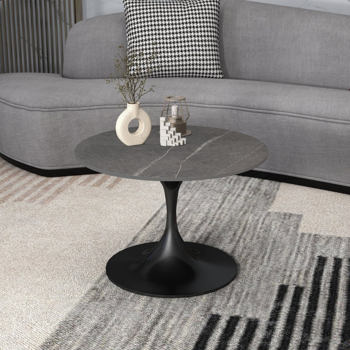 Leisuremod Coffee Table Verve Round Coffee Table with MDF/Resin/Sintered Stone Tabletop and Black Stainless Steel Base