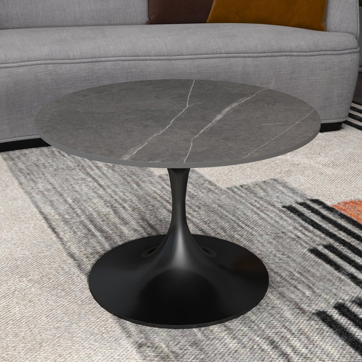 Leisuremod Coffee Table Verve Round Coffee Table with MDF/Resin/Sintered Stone Tabletop and Black Stainless Steel Base