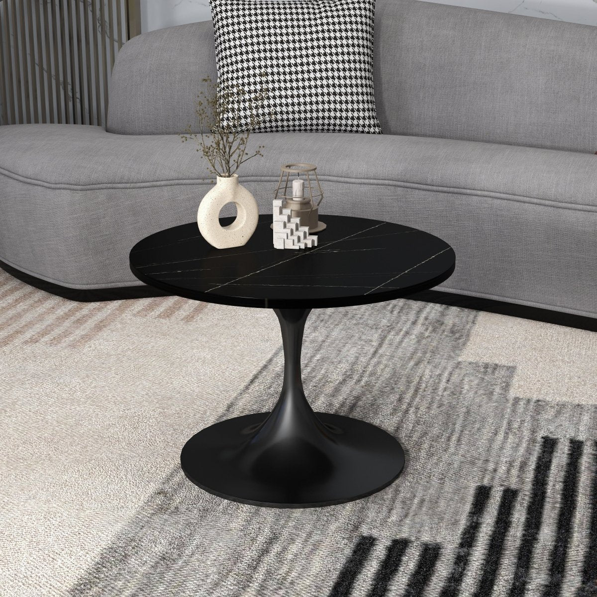 Leisuremod Coffee Table Verve Round Coffee Table with MDF/Resin/Sintered Stone Tabletop and Black Stainless Steel Base