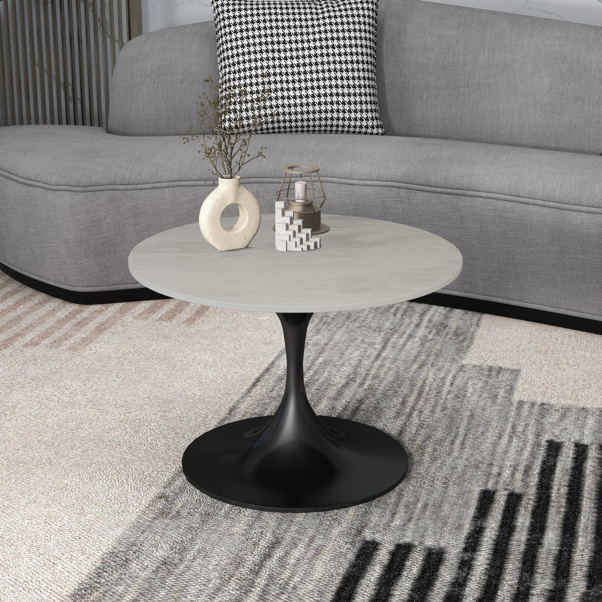 Leisuremod Coffee Table Verve Round Coffee Table with MDF/Resin/Sintered Stone Tabletop and Black Stainless Steel Base