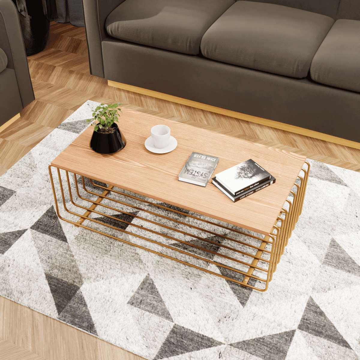 Walden Rectangular Coffee Table with Ash Wood Tabletop in Black Steel Frame Gold Coffee Table Leisuremod