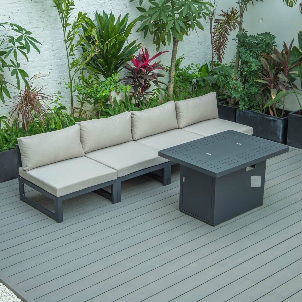 Chelsea 5-Piece Middle Patio Chairs and Fire Pit Table Set Black Aluminum With Cushions Conversation Set Leisuremod